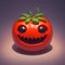 An evil smiling tomato that resembles a creepy jack-o& x27;-lantern with eyes and teeth. AI generated