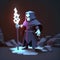 evil sorcerer in a dark dungeon, wielding a magical wand digital character avatar AI generation