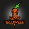 Evil spirit in the form of an Devil orange carrot with the text of a Happy Halloween. All Hallows Evening banner or greeting card