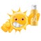 Evil Summer Sun Emoticon. Angry Sun Emoji pointing at you with sun lotion bottle in the Hand.