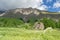 Evocative alpine panorama with clouds and mountains trees