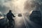 An evocative image of a cyclist riding in foggy road generative AI