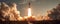 An evocative image of a space shuttle launch, with plumes of smoke and fire visible as it lifts off into the sky