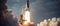 An evocative image of a space shuttle launch, with plumes of smoke and fire visible as it lifts off into the sky