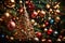 Evoke the magic of Christmas with a close-up shot of an intricately decorated Christmas tree, its branches adorned with shimmering