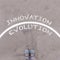 Evolution vs Innovation text on asphalt ground, feet and shoes o