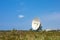 Evpatoria, Crimea - July 2021: Huge radio telescope during the day against a blue sky. Space exploration concept.