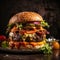 Exaggerated Features Massive Burger With Bacon, Onions, And Tomatoes