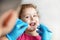 Examination, treatment teeth children. medical checkup oral cavity with instruments.