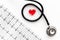 Examine the heart to prevent heart disease. Heart sign, cardiogram, stethoscope on white background top view