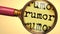 Examine and study rumor, showed as a magnify glass and word rumor to symbolize process of analyzing, exploring, learning and