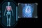 Examines a technological digital holographic plate representing the patient\\\'s body , Concept: Futuristic