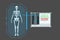 Examines a technological digital holographic plate representing the patient\\\'s body , Concept: Futuristic