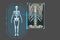 Examines a technological digital holographic plate representing the patient\\\'s body, Fracture lumbar Concept: Futuristic