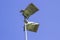 An example of floodlights against a clear blue sky on a local village cricket club grounds in Hampshire in England