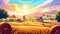 An example of a sunset scene in a rural landscape with hay stacks and farm buildings under a colorful cloudy sky. A