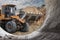 The excavator backfills the pit with the front bucket. Moves soil around the construction site. Close-up. Heavy construction