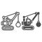 Excavator with ball to destroy buildings line and solid icon, heavy equipment concept, crane with wrecking ball sign on
