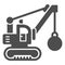 Excavator with ball to destroy buildings solid icon, heavy equipment concept, crane with wrecking ball sign on white