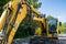 Excavator Bright Yellow Blue Sky Construction Equipment Industrial
