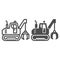 Excavator with claws line and solid icon, heavy equipment concept, excavator providing movement sign on white background