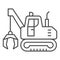 Excavator with claws thin line icon, heavy equipment concept, excavator providing movement sign on white background
