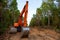 Excavator clearing forest for new development. Orange Backhoe modified for forestry work. Tracked heavy power machinery for forest