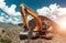 Excavator at the construction site, sand, crushed stone, against the blue sky background. Construction equipment, construction
