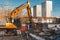 Excavator destroyer removes debris Building demolition