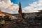 Excavator destroyer removes debris Building demolition