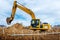 Excavator dig the trenches at a construction site. Trench for laying external sewer pipes. Sewage drainage system for a multi-