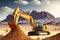 excavator digging in the desert, with mountains in the background
