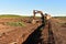 Excavator digging drainage ditch in peat extraction site. Drainage of peat bogs and destruction of trees. Drilling on bog for oil