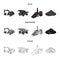 Excavator, dumper, processing plant, minerals and ore.Mining industry set collection icons in black,monochrome,outline