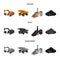 Excavator, dumper, processing plant, minerals and ore.Mining industry set collection icons in cartoon,black,monochrome