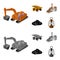 Excavator, dumper, processing plant, minerals and ore.Mining industry set collection icons in cartoon,monochrome style