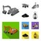 Excavator, dumper, processing plant, minerals and ore.Mining industry set collection icons in monochrome,flat style