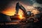 Excavator earthmoving at coal open pit on sunset background, recycling and coal mining industry