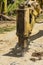 An excavator fitted with a hydraulic breaker punching holes into a portion of a damaged street, breaking it apart. Road demolition