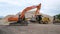 Excavator HITACHI lifts bucket up. Russia, Stavropol, 10.06.20