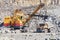 Excavator loading granite or ore into dump truck at opencast