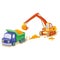 Excavator loading sand into the back of a large truck, construction site, isolated object on white background, vector illustrat