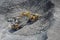 Excavator loads ore into a large mining dump truck. Top view