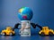 Excavator pushing earth globe and banknotes on blue background