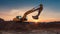 An Excavator\\\'s Graceful Dance in the Open Pit Mining. Sunset in the Quarry. Generative AI