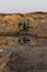 Excavator on the shore of a sand pit turning into a pond