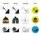 Excavator, tunnel, elevator, coal harvester and other equipment.Mine set collection icons in cartoon,black,outline,flat