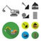 Excavator, tunnel, elevator, coal harvester and other equipment.Mine set collection icons in monochrome,flat style