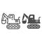 Excavator vehicle line and solid icon. Crane forklift loader and digger truck symbol, outline style pictogram on white