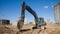 Excavator working at construction site on earthworks. Backhoe on road work digs ground. Paving out sewer line. Construction